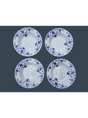 4 Pier 1 Eliza 9" Rimmed Soup Bowls Made In Italy Blue & White Floral Design
